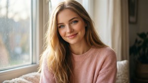 Brooke Hyland dans un pull rose pastel douillet se baignant dans la lumière chaude du soleil près d'une fenêtre