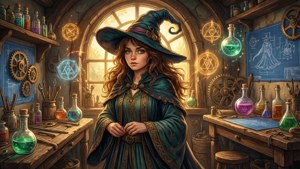Sorcière au chapeau pointu entourée de symboles lumineux et de potions dans un atelier détaillé.