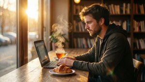 Realistisk kaféscene med programmerer som jobber ved soloppgang med croissant