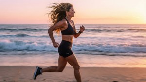 Sara Blakely jogging di pantai saat matahari terbit, memancarkan energi dan kebebasan dengan ombak laut di belakangnya.