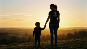 Siluet seorang ibu autisme dan anak saat matahari terbit, berpegangan tangan di atas lanskap emas.