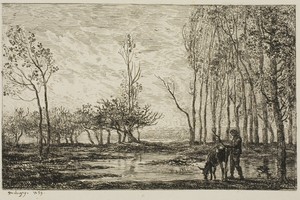 Sunset by Charles-François Daubigny, created 1859, in Etching on chine collé on paper. Download this artwork as a high-resolution wallpaper for desktop, tablet,