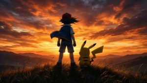 Silhuet af Ash og Pikachu ved solnedgang, episk eventyrstemning.
