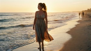Rosé on a beach at sunset, walking in the waves with a sundress. — Roseanne park Background