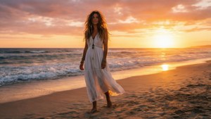 Boho Tiarnie Coupland sur la plage au coucher du soleil, robe blanche, heure dorée, vagues de l'océan.