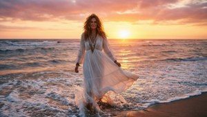 Woman in white dress walking in ocean waves at golden sunset. — Tiarnie Coupland Wallpaper