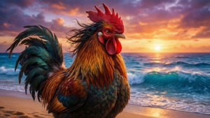 Hei Hei on a tropical beach at sunset, vivid warm colors