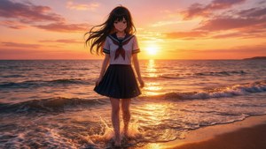 Ragazza anime su una spiaggia al tramonto sfondo.