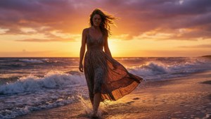 Lucy Pinder passeando pela praia ao pôr do sol em um vestido fluido.