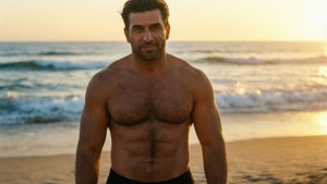 Zyzz slår en strandpositur ved solnedgang med gyldent lys