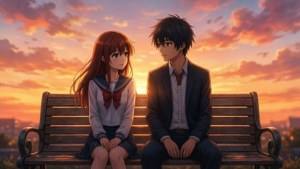 Sawako et Kazehaya sur un banc au coucher du soleil, fond d'écran Kimi ni Todoke