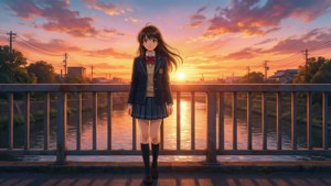 Sawako op de brug bij zonsondergang