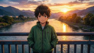 Anak laki-laki anime berjaket hijau di jembatan saat matahari terbenam dengan pantulan air keemasan.