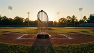 World Series-trofeet på en baseballbane ved solnedgang
