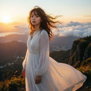 Et rolig bakgrunnsbilde av Kuriyama i en hvit kjole ved solnedgang.