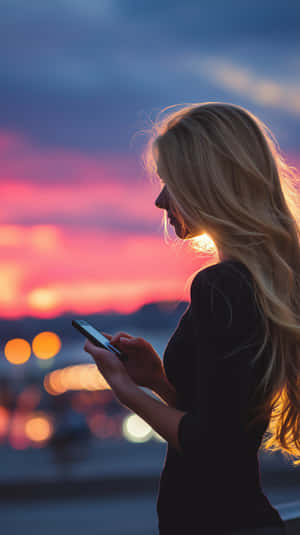 Mujer con cabello rubio mirando el teléfono durante una colorida puesta de sol sobre luces de la ciudad — Fondods para teléfono Fondos de pantalla