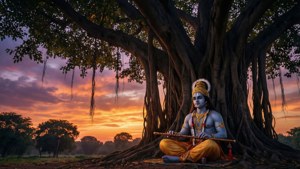 Krishna sitzt bei Sonnenuntergang unter einem Baum