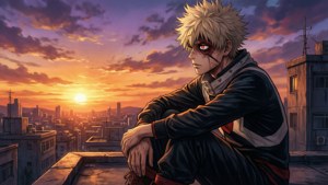 Shoto Todoroki reflects on a rooftop as the sun sets in this moody wallpaper.
