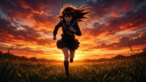 Chiharu løber energisk ved solnedgang over en mark.
