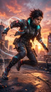 Jett dashing across a city rooftop under a vibrant sunset sky.
