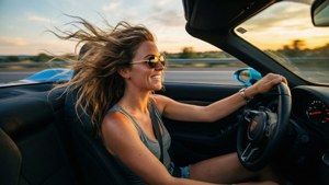 Daisy Keech mengendarai mobil sport saat matahari terbenam