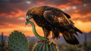 Steenarend houdt slang op cactus bij zonsondergang — Familiewapen Achtergronden