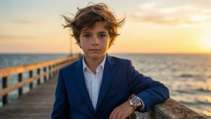 Ein Junge in einem blauen Anzug steht auf einem Pier mit Meeresbrise und Abendrot.