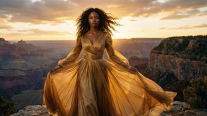 Storm Reid i en gylden kjole på en klippe ved solnedgang, elegant og dramatisk