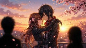 Romantic embrace of Inori and Shuu under a sunset sky.