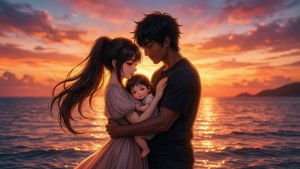 Baby 5 e Sai condividono un momento romantico al tramonto sul mare.