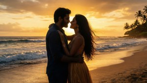 Romantic silhouette of Vijay and Samantha on a beach at sunset.