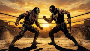Två luchadores silhuetterade vid solnedgång i en wrestlingring