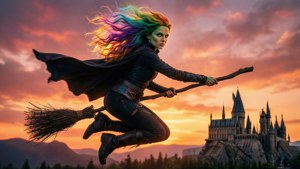 Heks med regnbuehår flyr på kost forbi Hogwarts ved solnedgang.