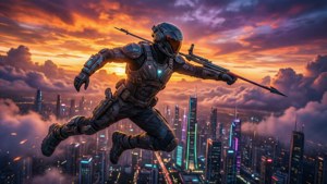 A stunning sunset view of a Javelin exosuit flying over a futuristic city in Anthem.