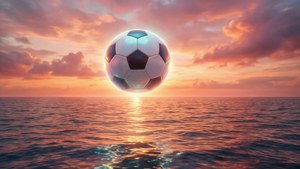 En surrealistisk halv fotball som svever over havet ved solnedgang med glødende effekter.