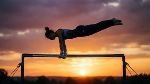Eine Athletin hält einen Front Lever bei Sonnenuntergang, Silhouette gegen lebendigen Himmel, minimalistische Stärke