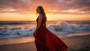 Grace Fulton på en strand ved solnedgang i en rød kjole