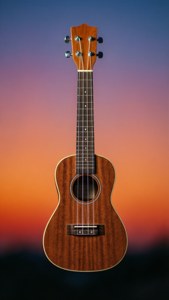 Minimalistische Ukulele auf einem Sonnenuntergangs-Verlaufshintergrund.