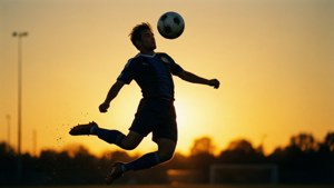Sagoma di calciatore che colpisce di testa la palla al tramonto