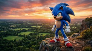 Sonic strikes a heroic pose on a cliff at sunset.