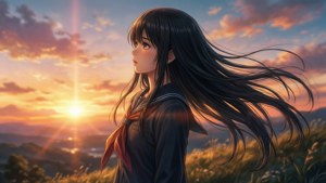 Mitsuha in piedi su una collina al tramonto nello stile anime di Kimi no Na wa