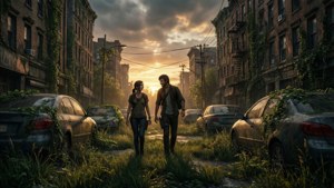 Joel et Ellie marchent dans une ville envahie par la végétation au coucher du soleil dans The Last of Us.