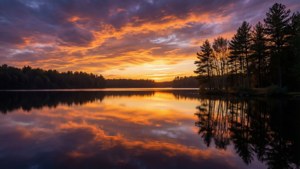 Een vredige zonsondergang boven een meer met levendige reflecties, ideaal voor een rustgevende achtergrond.