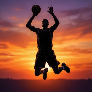 En minimalistisk silhuettapet av en basketballspiller som hopper mot en levende solnedgangshimmel.