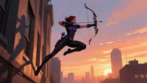 Epic cinematic scene of Kate Bishop leaping off a building at sunset.