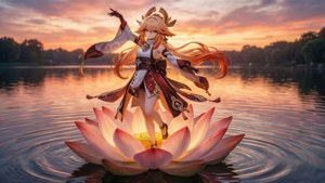 Nilou executando uma dança graciosa em um lótus ao pôr do sol com cores quentes.