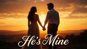 Romantisk solnedgang silhuet tapet med 'He's Mine' tekst.