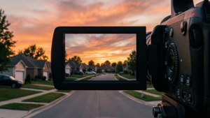 Pôr do sol quente com sobreposição de camcorder, estilo vídeo caseiro dos anos 90.