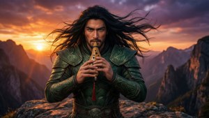 Tapion på en klippe ved solnedgang med sin ocarina, episk biografisk tapet.