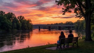 Romantisk oljemålning stil solnedgångsutsikt över Hockingfloden och Ohio University campus